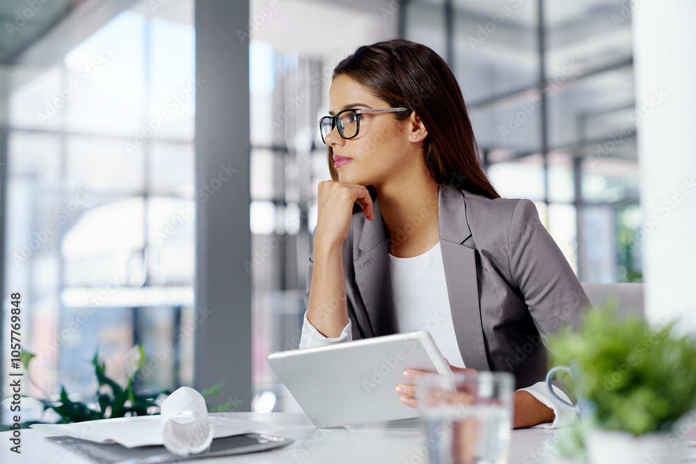Business, thinking and woman with tablet, glasses and planning with research for project. Person, employee and professional with solution, technology and choice with decision, wonder or online review Business, thinking and woman with tablet, glasses and planning with research for project. Person, employee and professional with solution, technology and choice with decision, wonder or online review