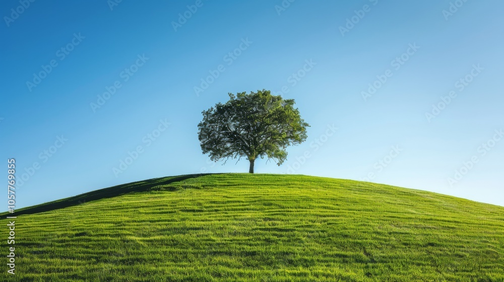 Fototapeta premium Lone tree on rolling green hill under clear blue sky with ample copy space