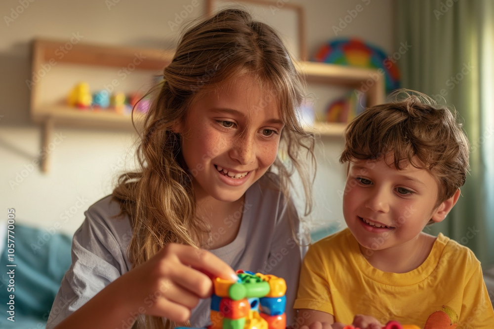 Two smiling children engage in creative play, building with colorful blocks in a cozy, light-filled room. Their joy and teamwork highlight the warmth of sibling bonds and imaginative play. Two smiling children engage in creative play, building with colorful blocks in a cozy, light-filled room. Their joy and teamwork highlight the warmth of sibling bonds and imaginative play.