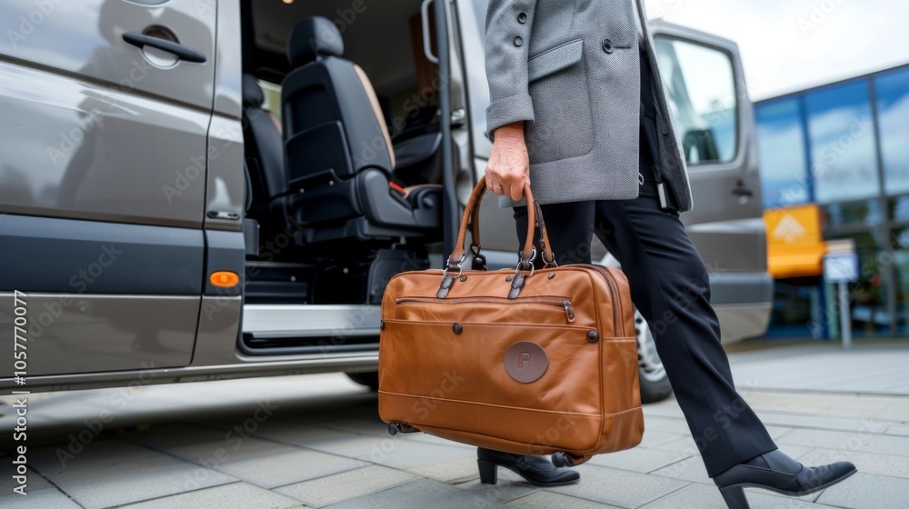 Luxury leather bag in hand with small van on background Luxury leather bag in hand with small van on background