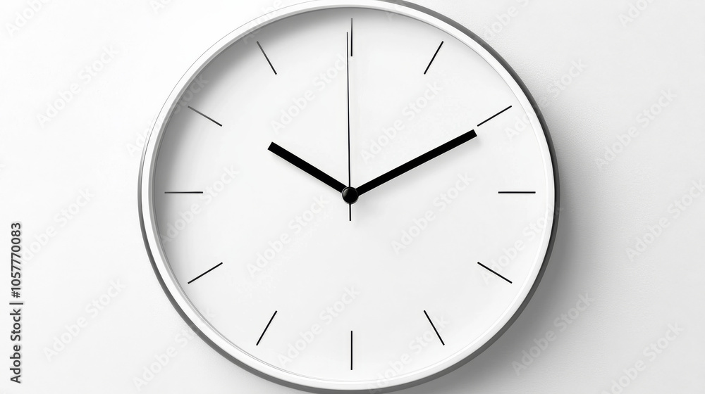 Minimalist analog wall clock with a white face and simple black hands, displaying the time as 7:10, suited for modern decor. Minimalist analog wall clock with a white face and simple black hands, displaying the time as 7:10, suited for modern decor.