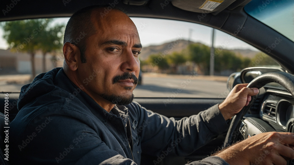 Latino man driving a car, looking at the camera with the road on the back Latino man driving a car, looking at the camera with the road on the back