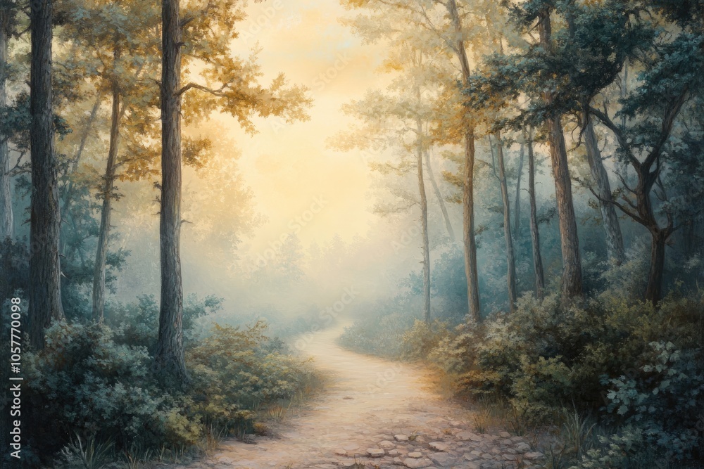 Fototapeta premium A Path Through a Misty Forest with Golden Sunlight