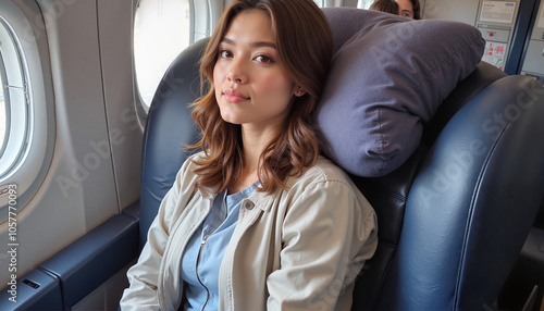 Young woman relaxing in airplane seat with pillow during flight