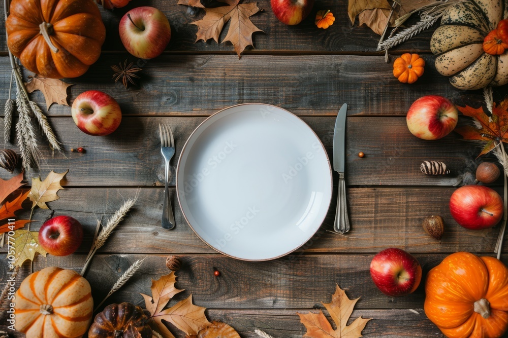 White plate on autumn background. Rustic menu mockup fall table setting decoration, colorful leaves. Floral interior decor for holidays with pumpkins. Thanksgiving dinner concept. Flatlay, top view. White plate on autumn background. Rustic menu mockup fall table setting decoration, colorful leaves. Floral interior decor for holidays with pumpkins. Thanksgiving dinner concept. Flatlay, top view.