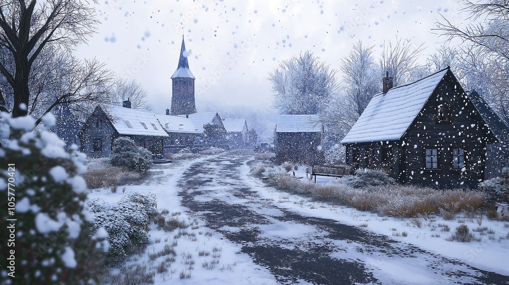 First snowfall of the season covering a small village, winter weather, fresh and clean. First snowfall of the season covering a small village, winter weather, fresh and clean.