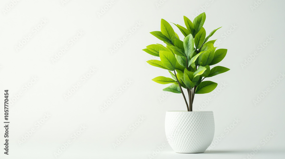 A small artificial plant with vibrant green leaves in a textured white pot, isolated on a clean white background. A small artificial plant with vibrant green leaves in a textured white pot, isolated on a clean white background.