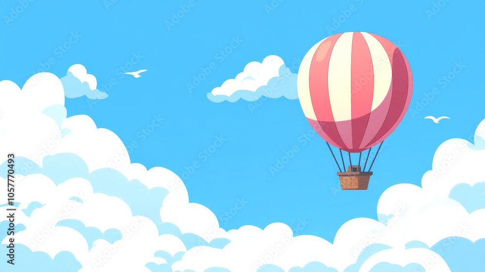 Fototapeta premium A hot air balloon ride against a blue sky with white clouds, perfect for a wide travel or adventure banner.