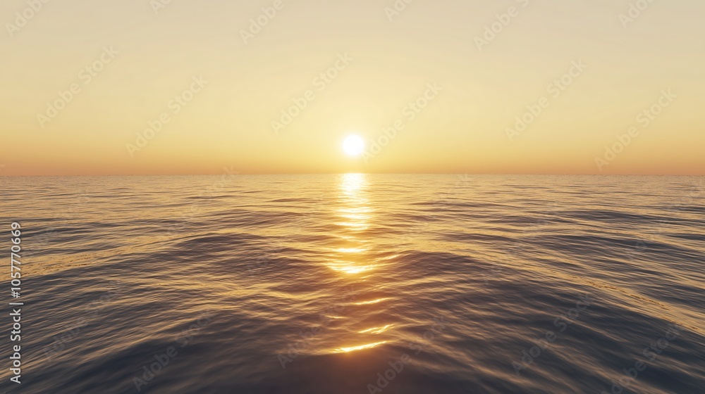 Fototapeta premium Golden sunset over a calm sea, clear weather, warm glow on the horizon.