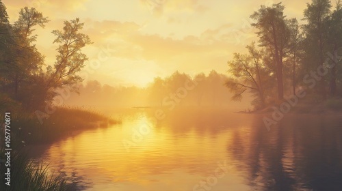 Hazy sunset over a calm river, humid weather, golden hour light.