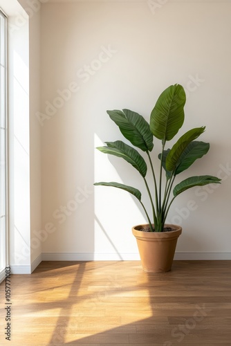 A large potted plant with green leaves stands in a room with wooden floors and a large window. The sun shines through the window, casting long shadows on the floor.