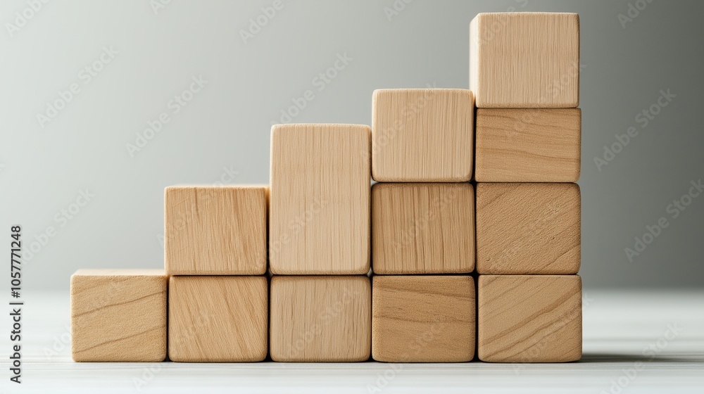 Wooden blocks stacked in an ascending order creating a staircase effect on a neutral background. Wooden blocks stacked in an ascending order creating a staircase effect on a neutral background.
