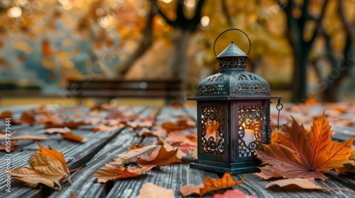 Metal lantern on a wooden table with autumn leaves around