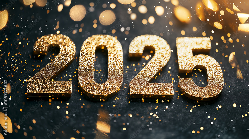 Glittering gold 2025 numbers with sparkling confetti and festive atmosphere Glittering gold 2025 numbers with sparkling confetti and festive atmosphere