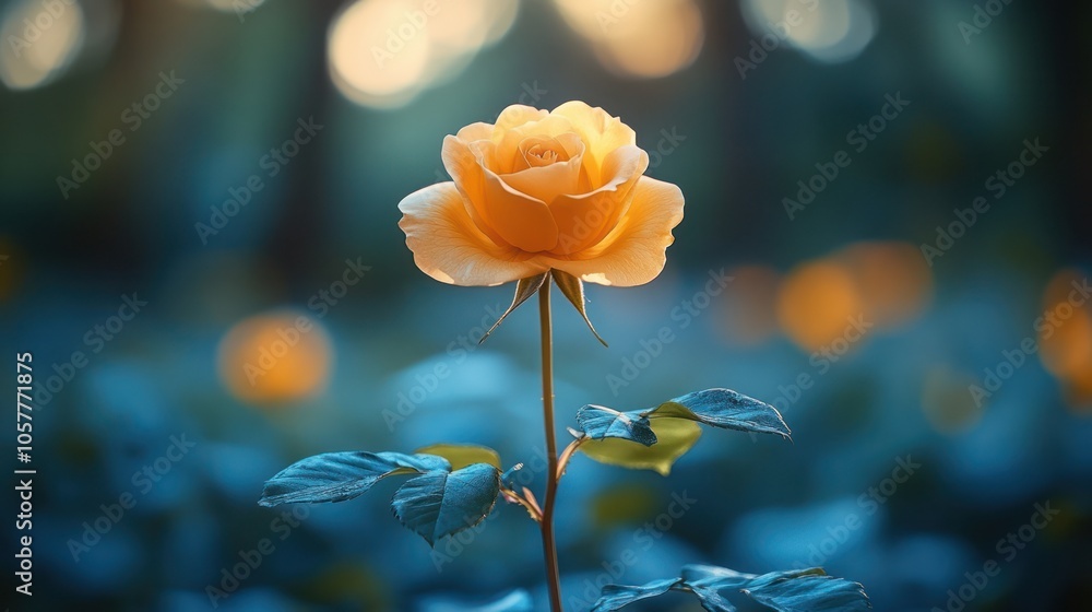 Obraz premium A single yellow rose blooms in a field of roses, bathed in the soft golden light of the setting sun.