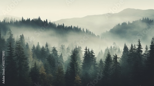 Misty fir forest landscape, vintage retro vibe, soft light, cool color palette, ample copy space