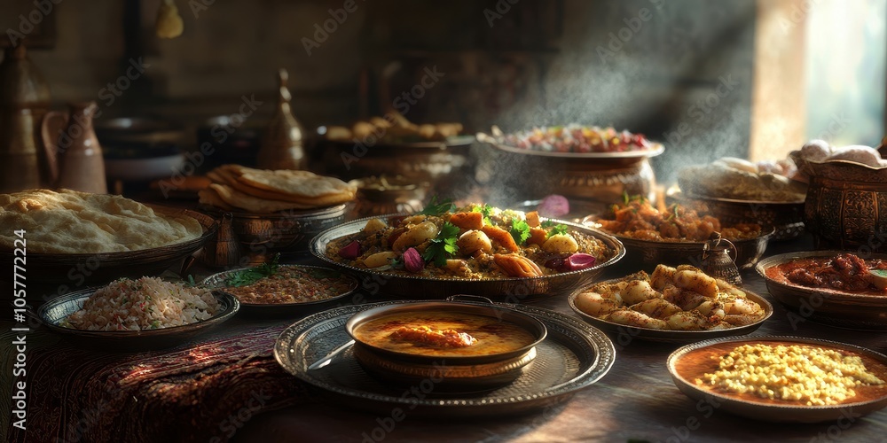 A table full of steaming dishes of delicious Indian food. A table full of steaming dishes of delicious Indian food.