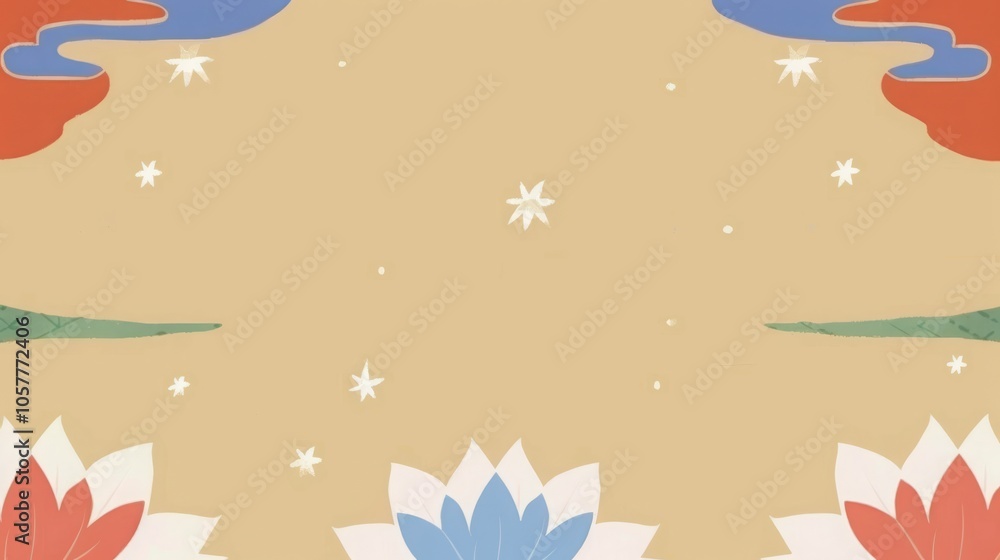 Abstract lotus pattern with stars and colorful cloud accents.