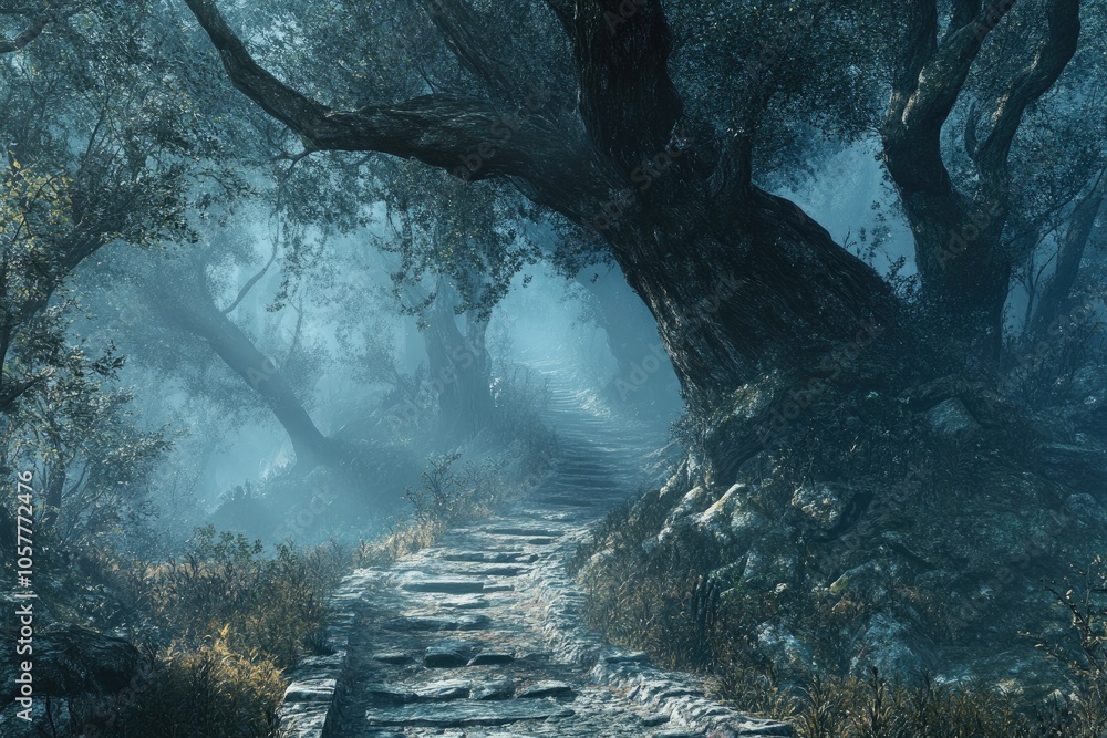 Obraz premium A Stone Path Through a Misty, Dark Forest