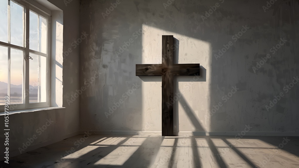 Fototapeta premium Black wooden cross in praying room, Christian church interior. with light coming out from window.