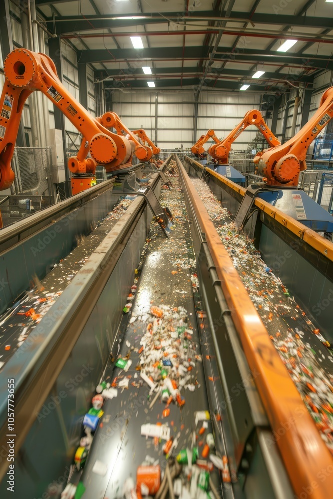 Naklejka premium Robotic Innovation in Eco-Friendly Paper Recycling Plant for Sustainability and Efficiency