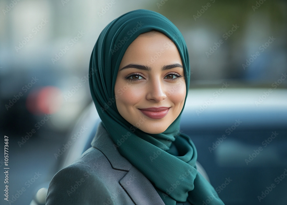 Close-up of a professional woman wearing a hijab, smiling confidently in an outdoor setting, representing empowerment and cultural diversity.
Close-up of a professional woman wearing a hijab, smiling confidently in an outdoor setting, representing empowerment and cultural diversity.