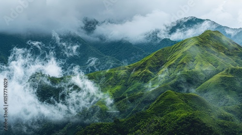 Mountain slopes covered in greenery with cloud cover