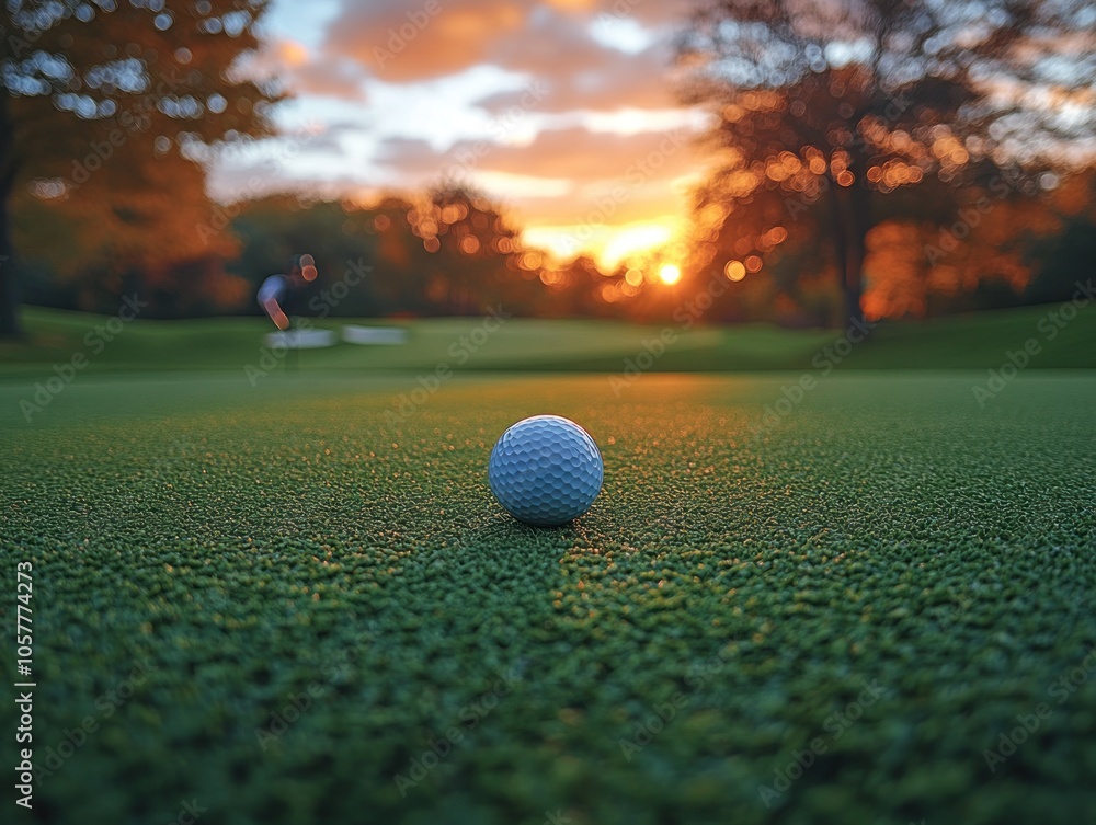 Golf ball on a morning green at sunrise. AI generated Golf ball on a morning green at sunrise. AI generated