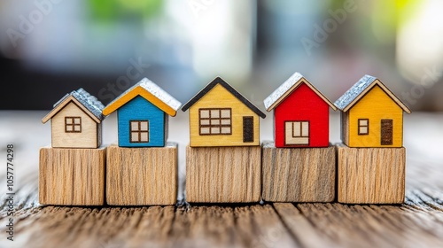 Tiny houses on wooden blocks illustrate the concept of remortgaging. photo