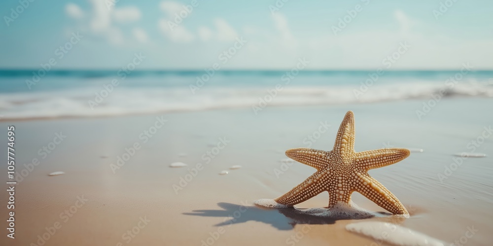 A lone starfish sits on a sandy beach under sunlight, waves gently lapping the shore. A lone starfish sits on a sandy beach under sunlight, waves gently lapping the shore.