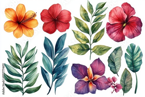 A vibrant collection of tropical flowers and leaves in watercolor style.