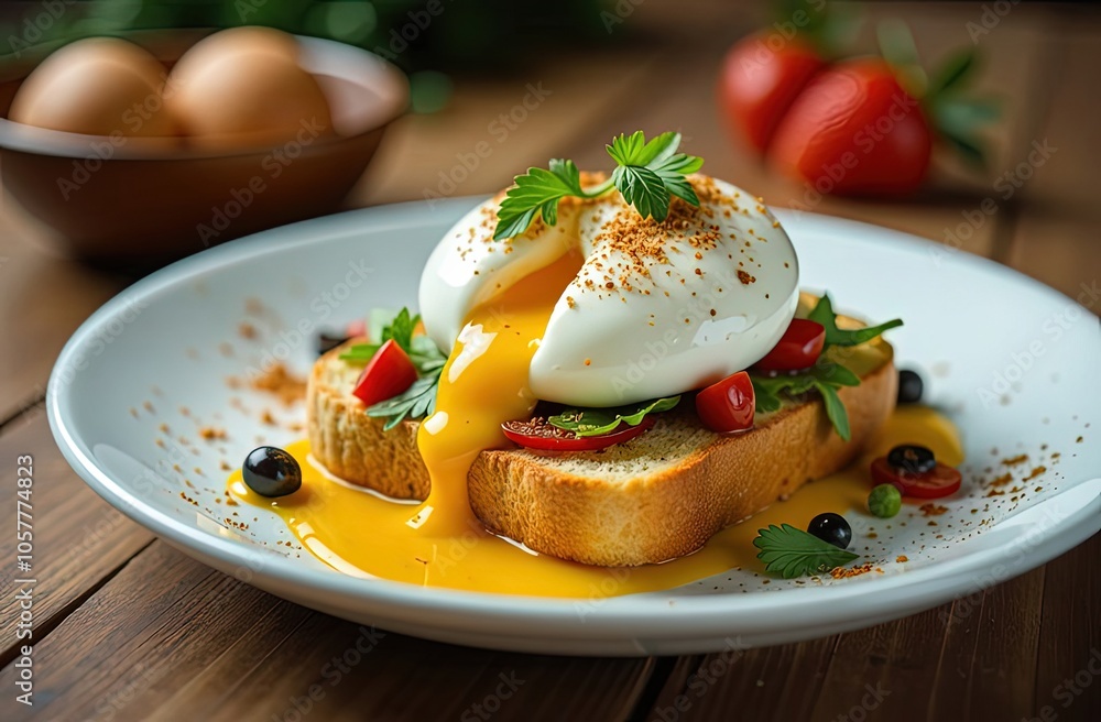 poached egg on bruschette with tomatoes and herbs on a white plate poached egg on bruschette with tomatoes and herbs on a white plate