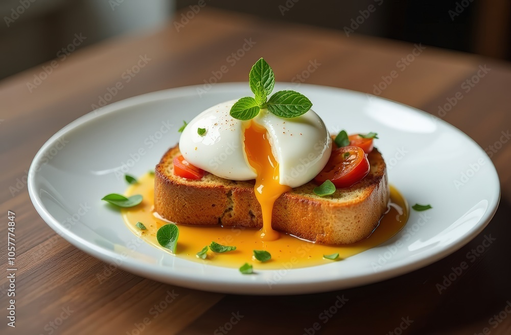 poached egg on bruschette with tomatoes and herbs on a white plate poached egg on bruschette with tomatoes and herbs on a white plate