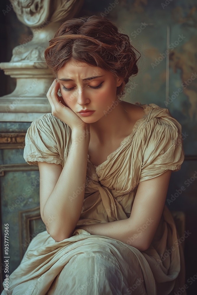 Fototapeta premium Thoughtful woman in vintage attire sits with eyes closed, expressing deep emotions within a classically styled room.