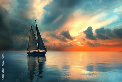 A single sailboat floats gently on calm waters, as a vivid sunset paints the sky with dramatic hues.