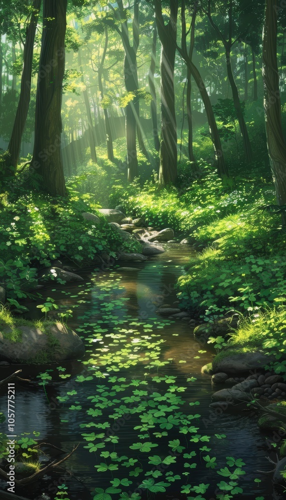 St. Patrick's Day Card Design: Serene Sunlit Forest with Clover-Lined Stream St. Patrick's Day Card Design: Serene Sunlit Forest with Clover-Lined Stream