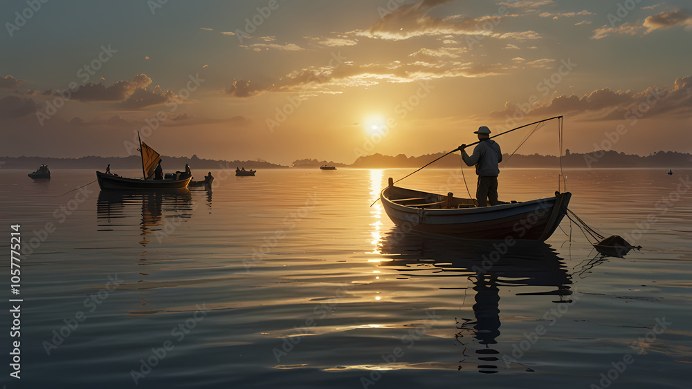 scene of a fisherman’s boat actively catching fish on a calm, open sea at sunrise time scene of a fisherman’s boat actively catching fish on a calm, open sea at sunrise time
