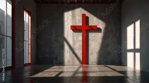 Praying room with red color cross and space with gray wall