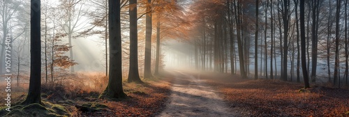 A scenic forest path bathed in soft autumn sunlight, creating an ethereal glow among tall trees and fallen leaves. photo