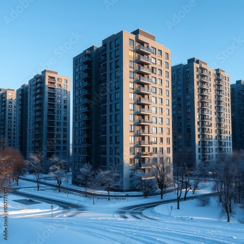 Winter landscape grey-blue multi-storey residential buildings in the yasenevo district in moscow on a clear winter day Condominium  photo