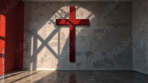 Praying room with red color cross and space with gray wall