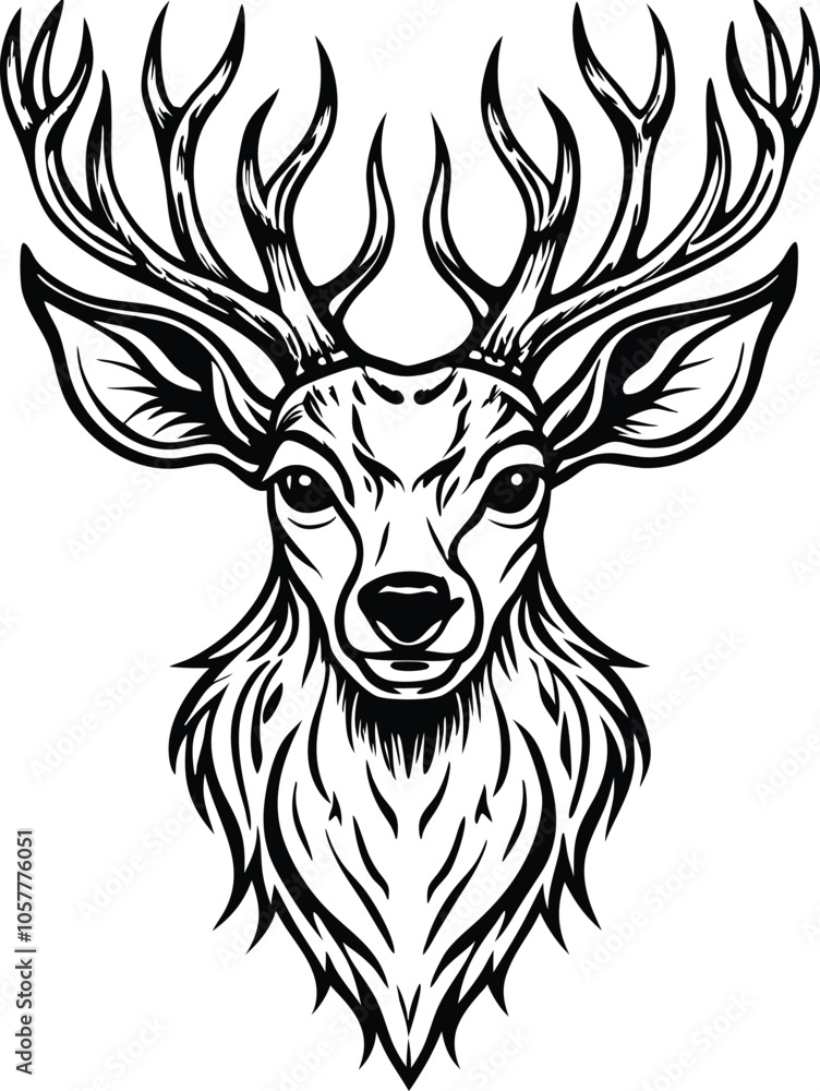 Fototapeta premium Black and White Deer Head Illustration