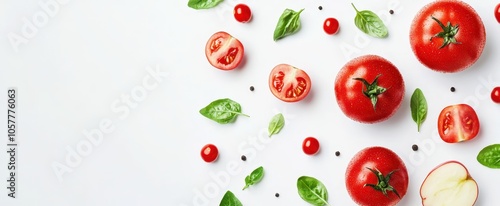 Fresh red tomatoes, basil leaves, and peppercorns on white background.