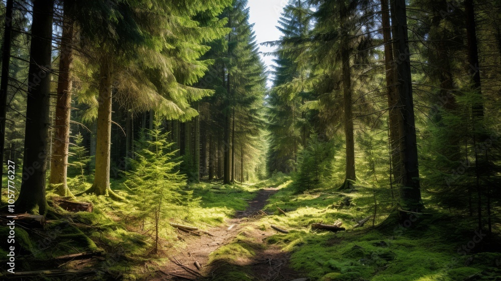 Fototapeta premium Old spruce, fir, and pine trees in a dense forest, vibrant green leaves, calm atmosphere