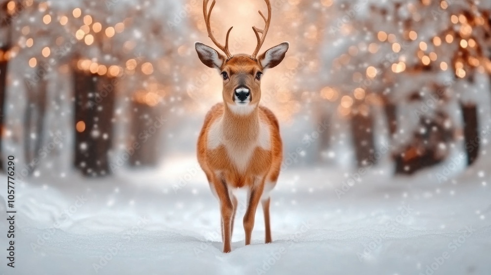Young deer standing in a snowy forest with twinkling lights in the background, AI Young deer standing in a snowy forest with twinkling lights in the background, AI