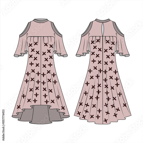 Set of Dresses evening wedding technical fashion illustration Printed with tube off-the-shoulder neckline, knee mini maxi midi length skirt. Flat apparel front, back, grey color style