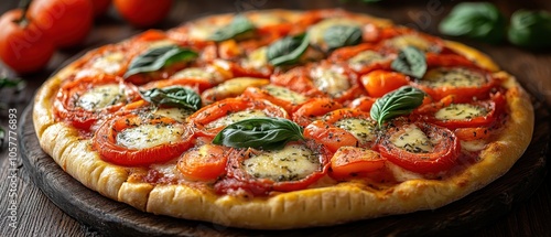 Freshly baked rustic pizza topped with melted mozzarella, ripe tomatoes, fragrant basil, golden crust, inviting aroma photo