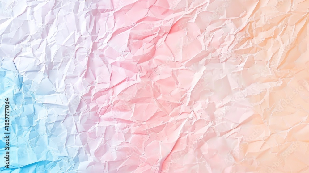 Fototapeta premium Pastel crumpled paper texture with gradient of blue, pink, and peach hues