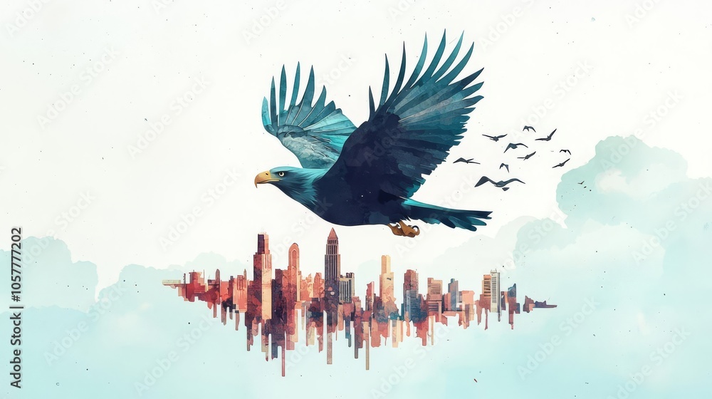 Fototapeta premium A majestic eagle soaring above an abstract cityscape, surrounded by clouds and smaller birds, symbolizing freedom and urban life.