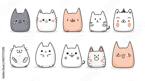 A collection of cute, happy cat doodles featuring various expressions and colors, perfect for adding charm to any design. photo